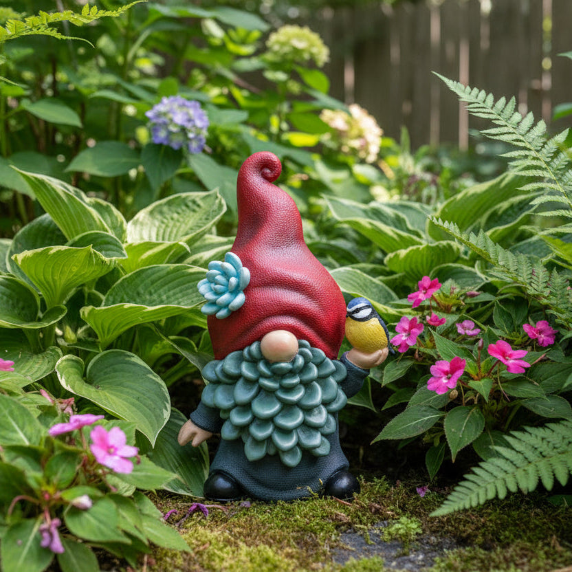 Gnome figurine with red hat and green body holding a bird on a white background