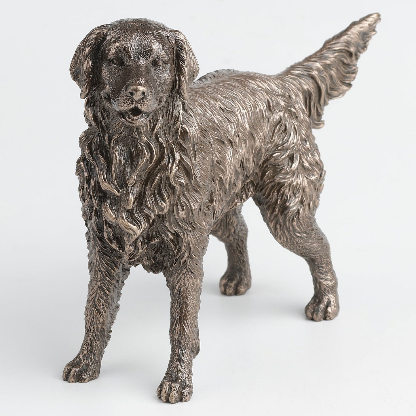 Bronze statue of a retriever dog on a white background