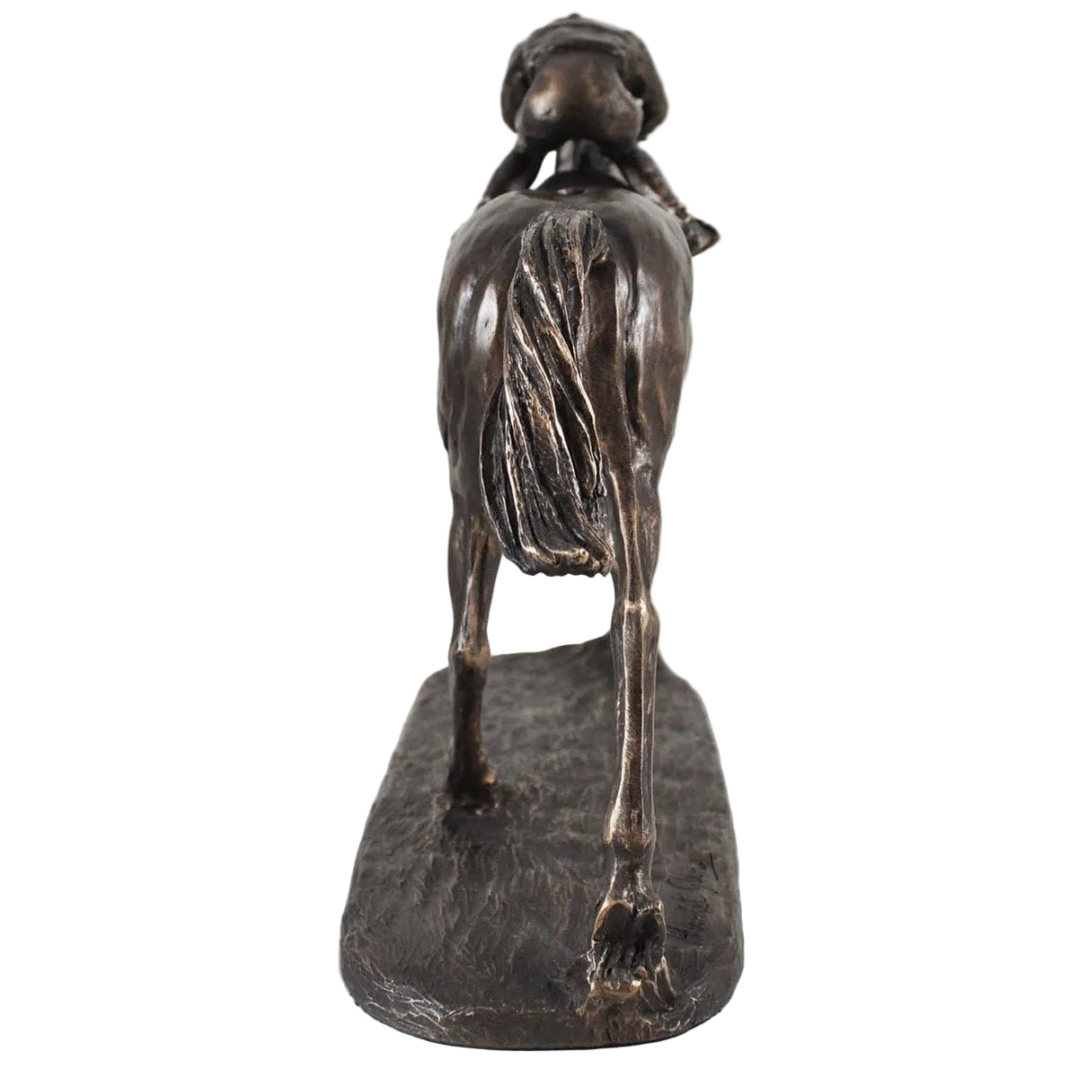Bronze statue of the back of a horse with jockey against a white background