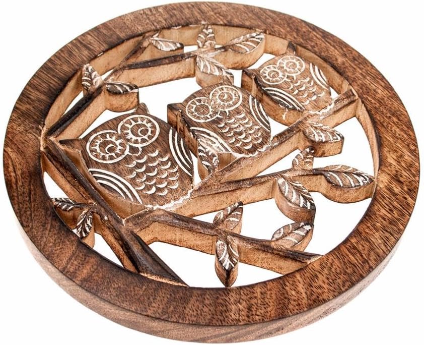 Mango Wood Carved Trivet Owls On Branch Fair Trade Product