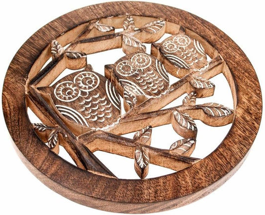 Mango Wood Carved Trivet Owls On Branch Fair Trade Product