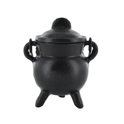 Black cauldron with lid on a white background