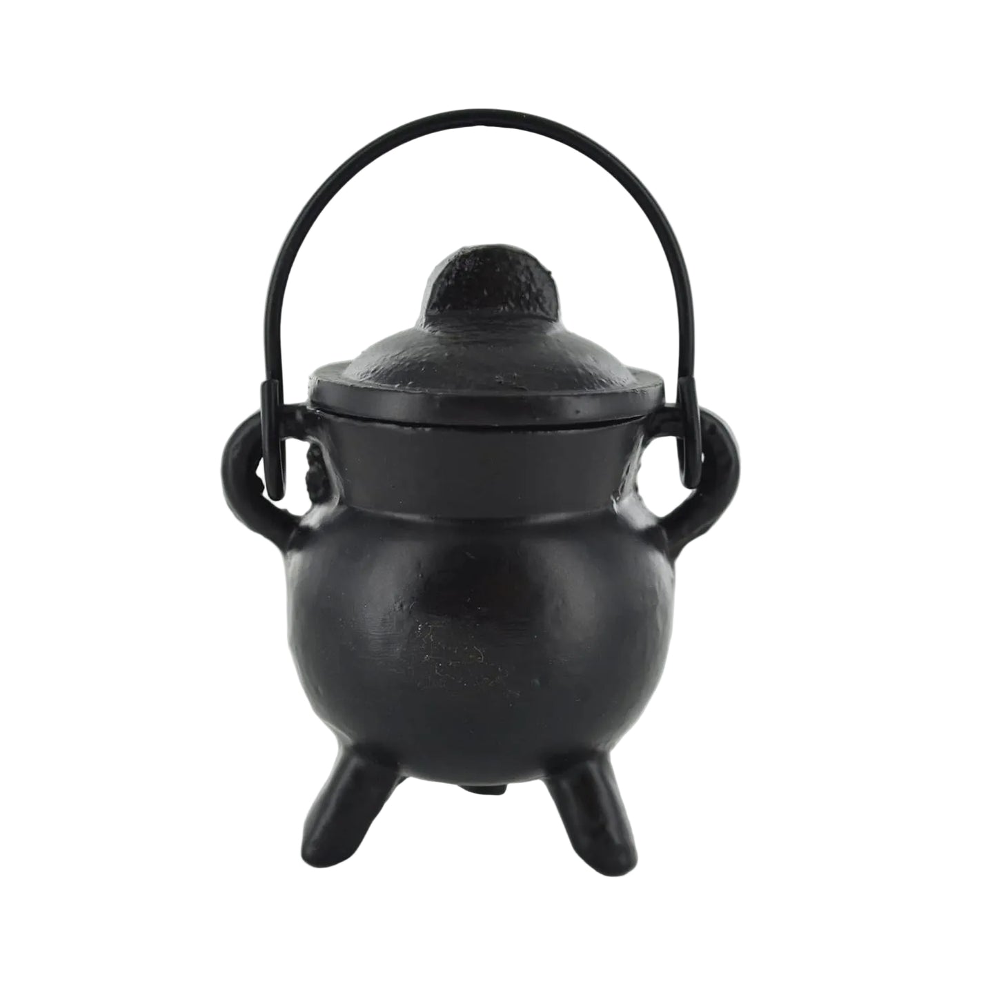 Black cast iron cauldron with lid on a white background