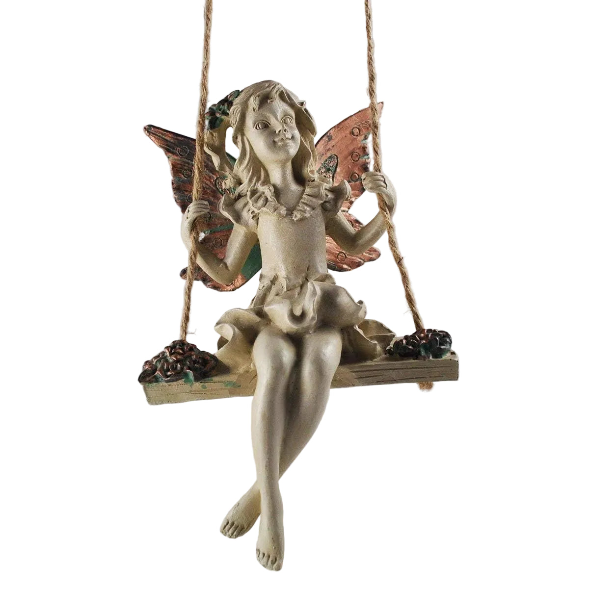 Decorative fairy figurine on a swing against a plain background