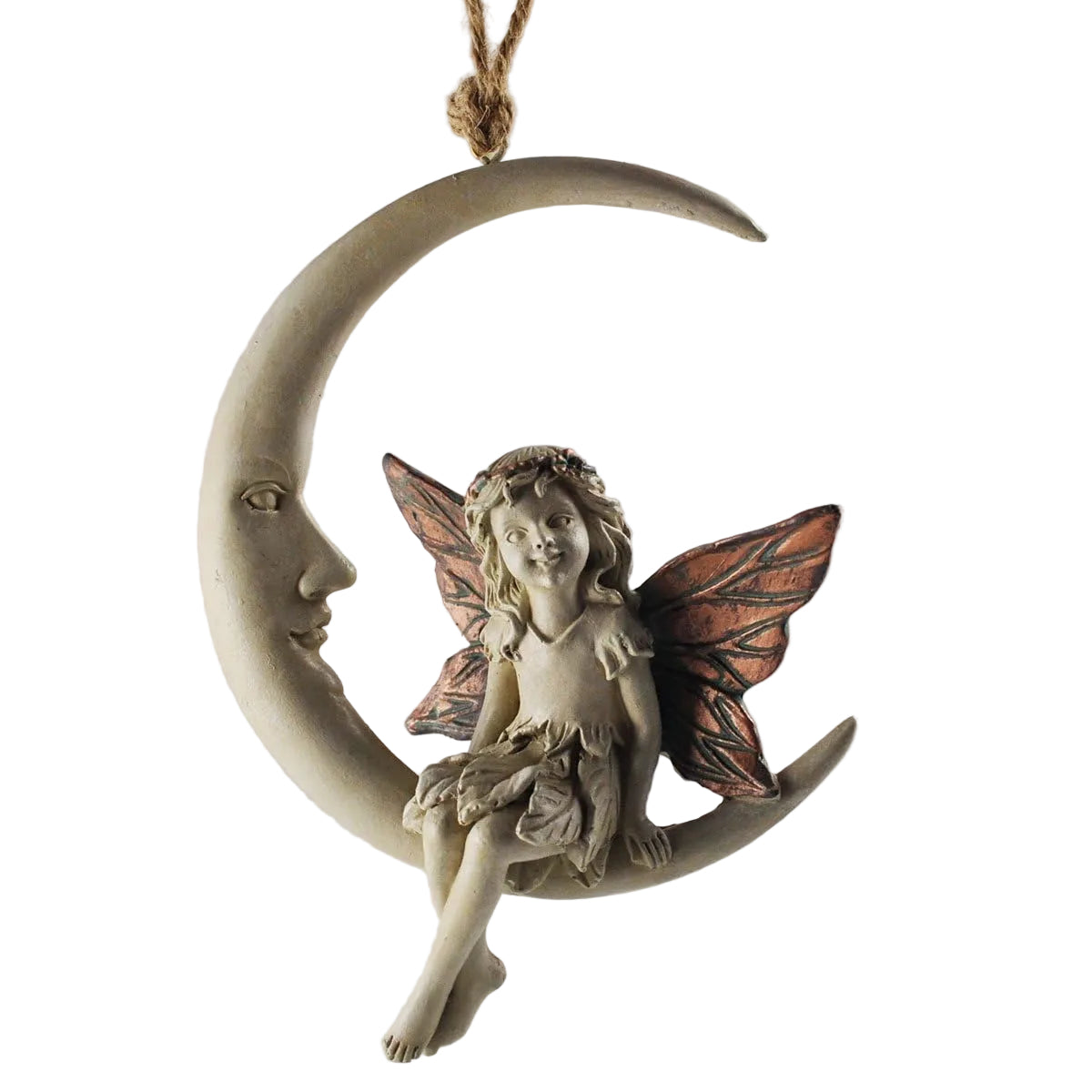 A decorative hanging ornament featuring a fairy with copper wings sitting on a crescent moon with a human face, suspended by a rope against a plain light gray background.