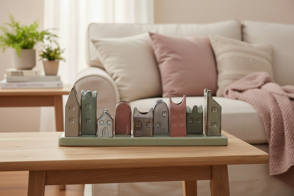 9 stem ceramic vase in shape of houses on a wooden table with living room background