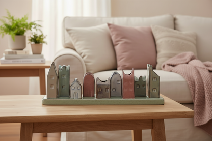 9 stem ceramic vase in shape of houses on a wooden table with living room background