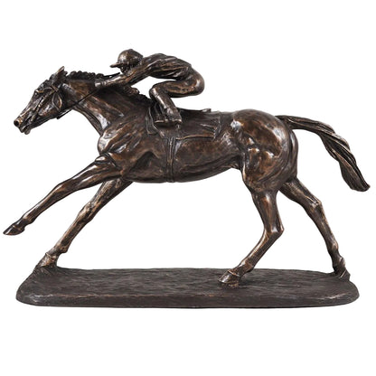 Bronze sculpture of a horse and jockey in motion on a white background