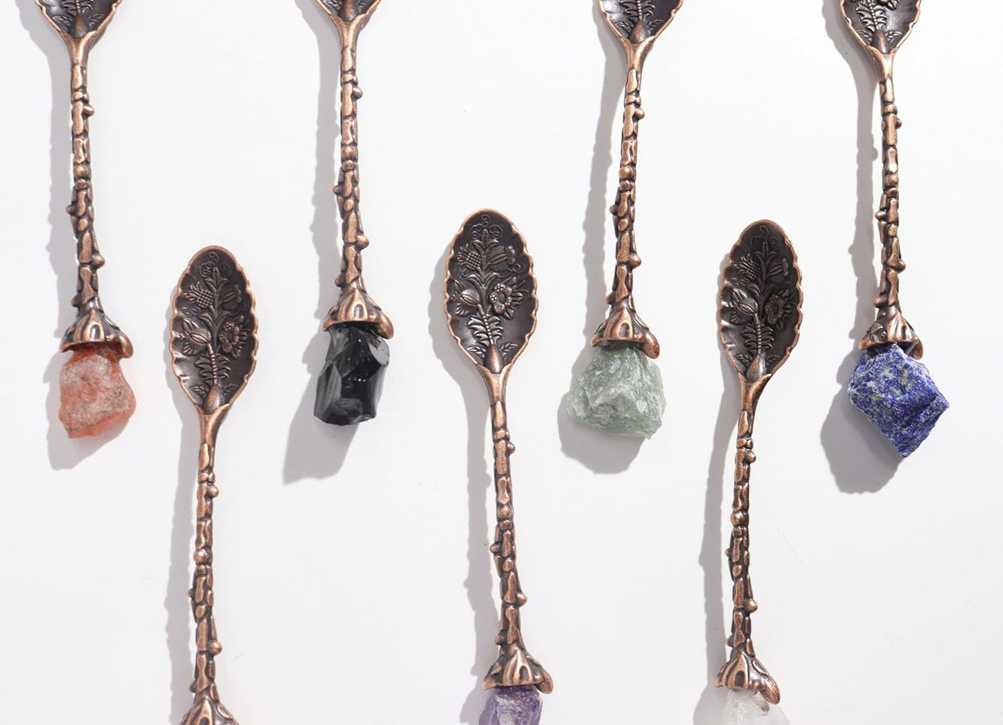 Gemstone Spoon Set 7 Piece Crystal Spoons Raw Gemstones with Embossed Handles in Bronze
