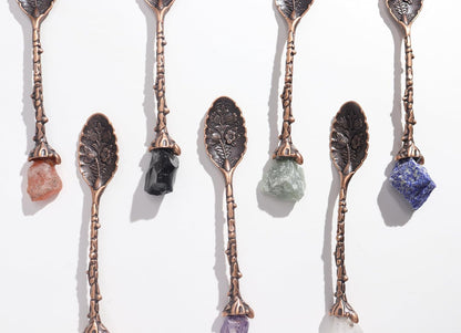 Gemstone Spoon Set 7 Piece Crystal Spoons Raw Gemstones with Embossed Handles in Bronze