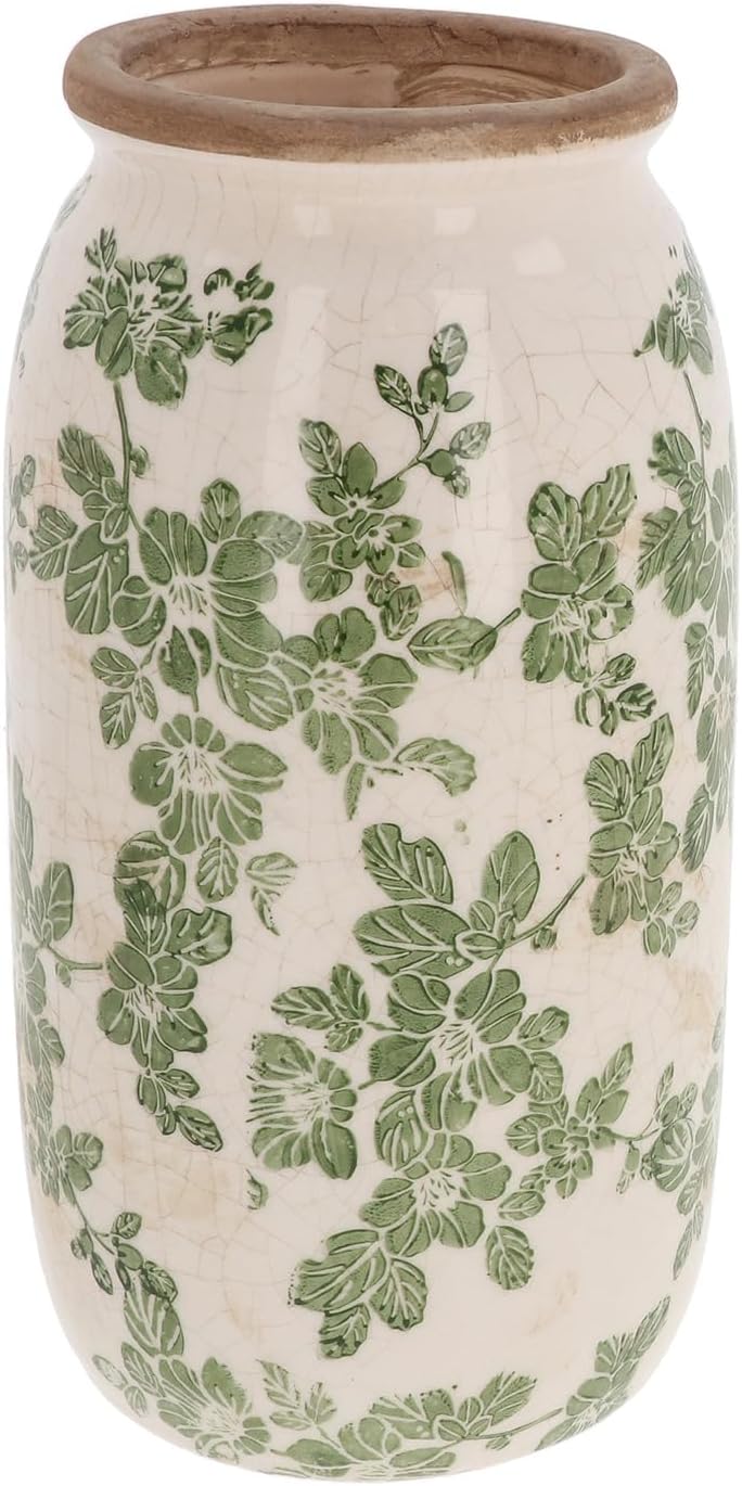 Ceramic Clematis Pattern In Green Straight Vase Large