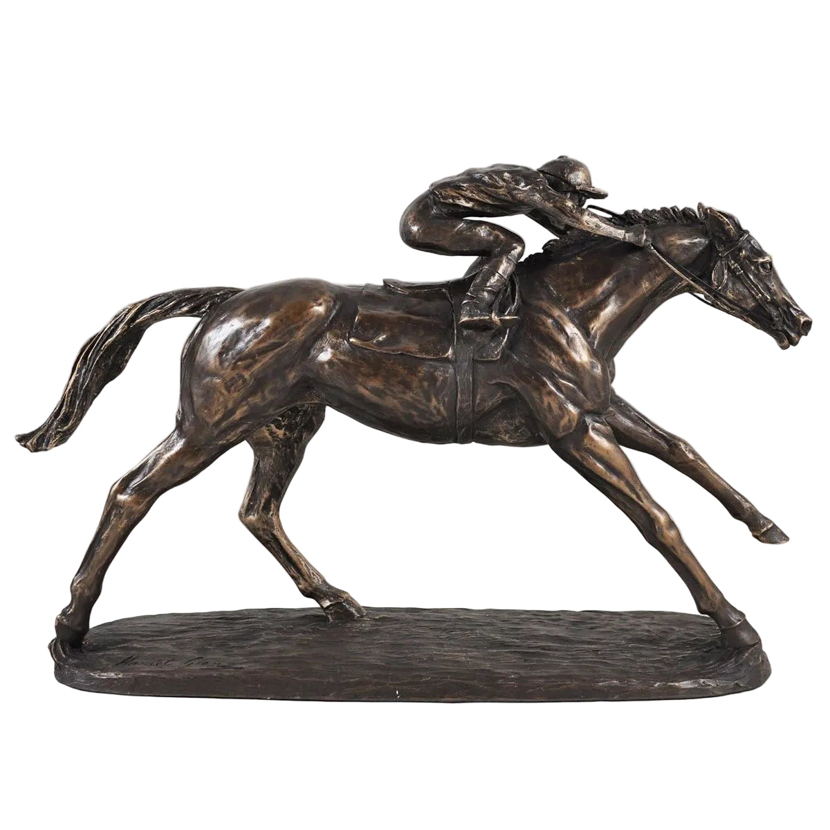 Bronze sculpture of a horse and jockey in motion on a gray background