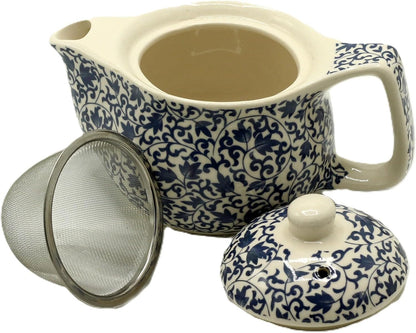 Small Herbal Teapot, Ceramic and Metal Strainer, Blue & White Pattern