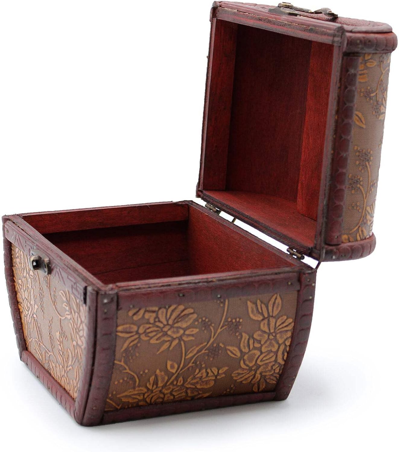 An open vintage-style wooden chest with a reddish-brown interior and a brown exterior decorated with embossed floral patterns, shown on a white background.
