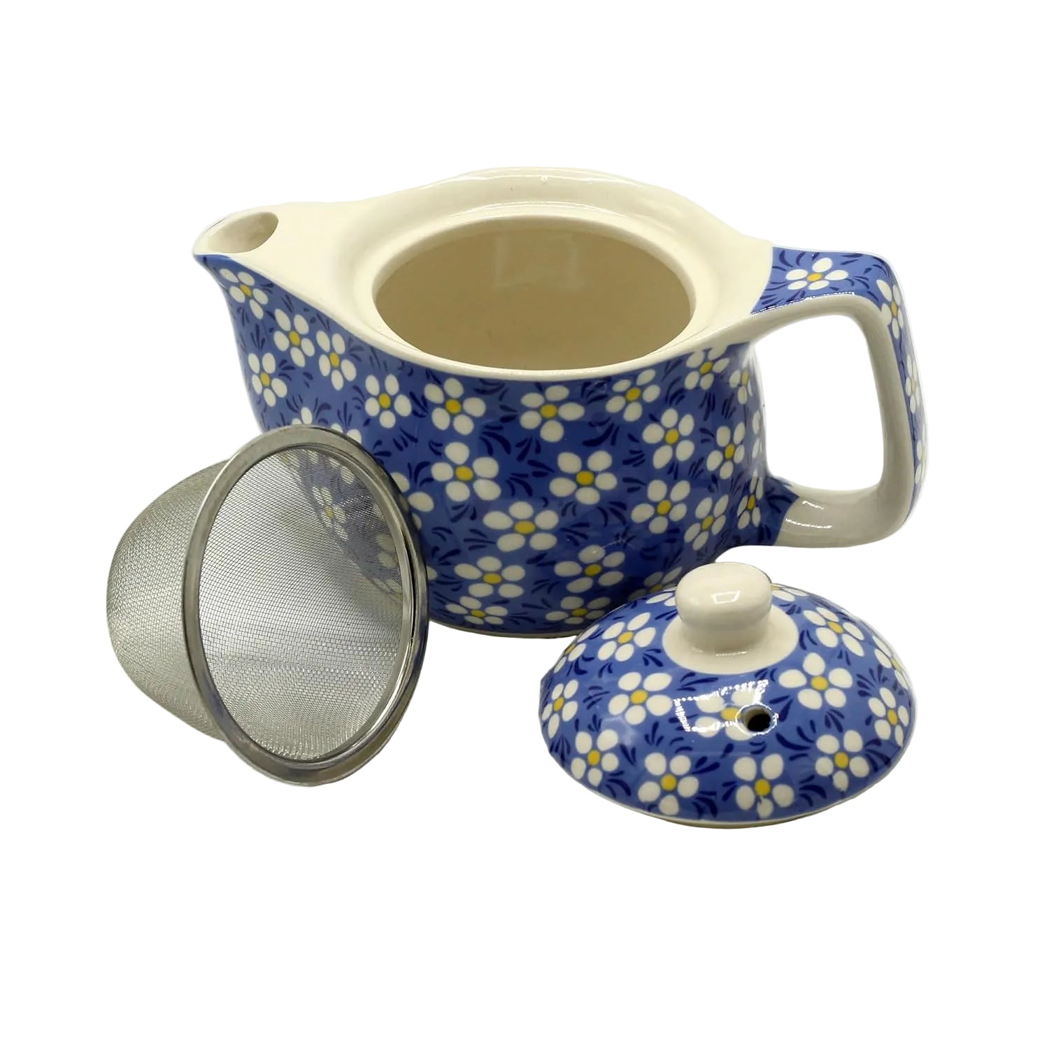 Ceramic teapot with floral pattern, mesh filter, and lid on a white background