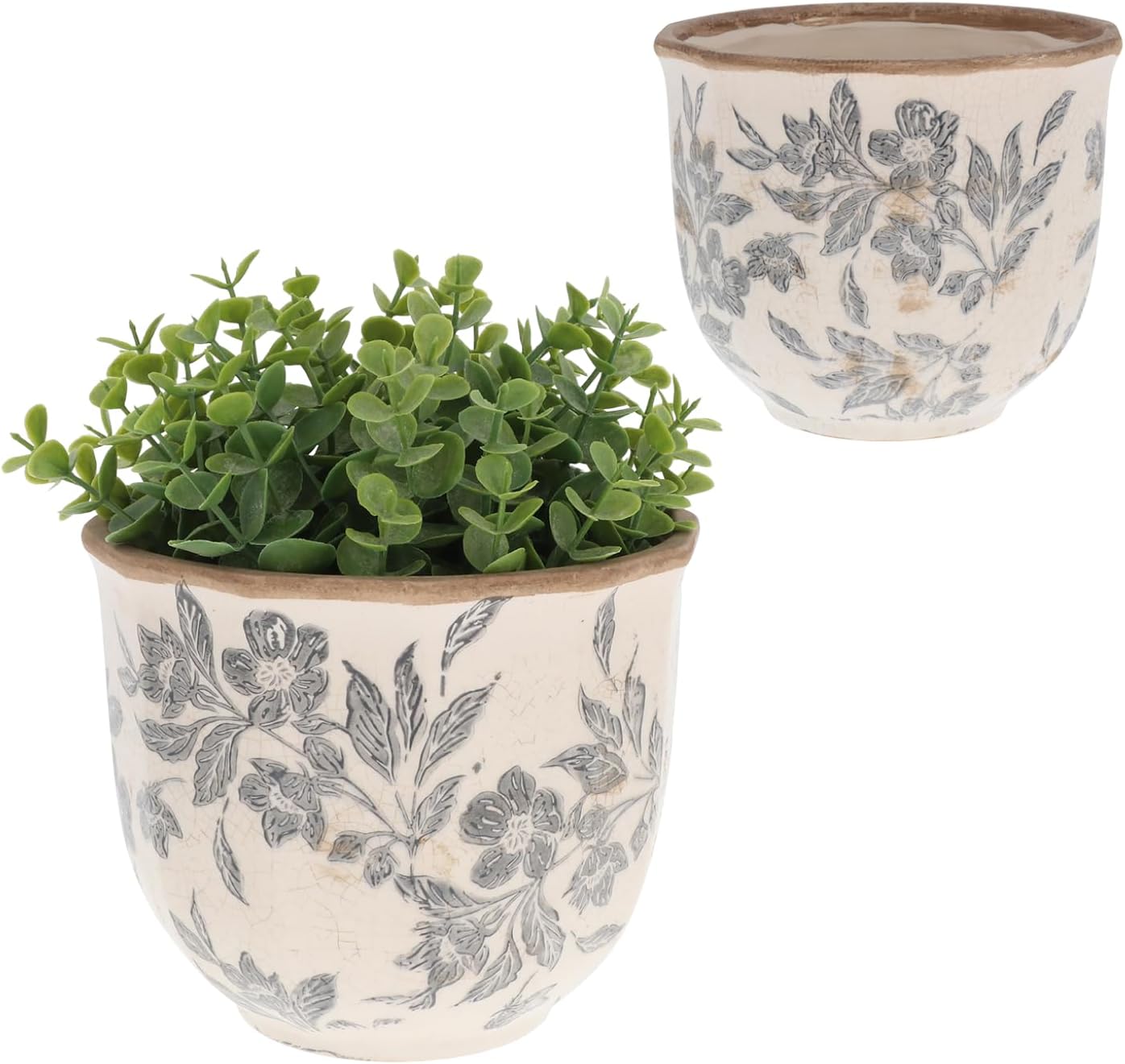 Floral Design Planter Pot Grey With Neutral Background