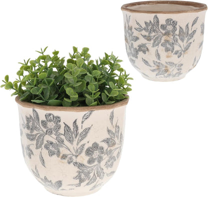 Floral Design Planter Pot Grey With Neutral Background