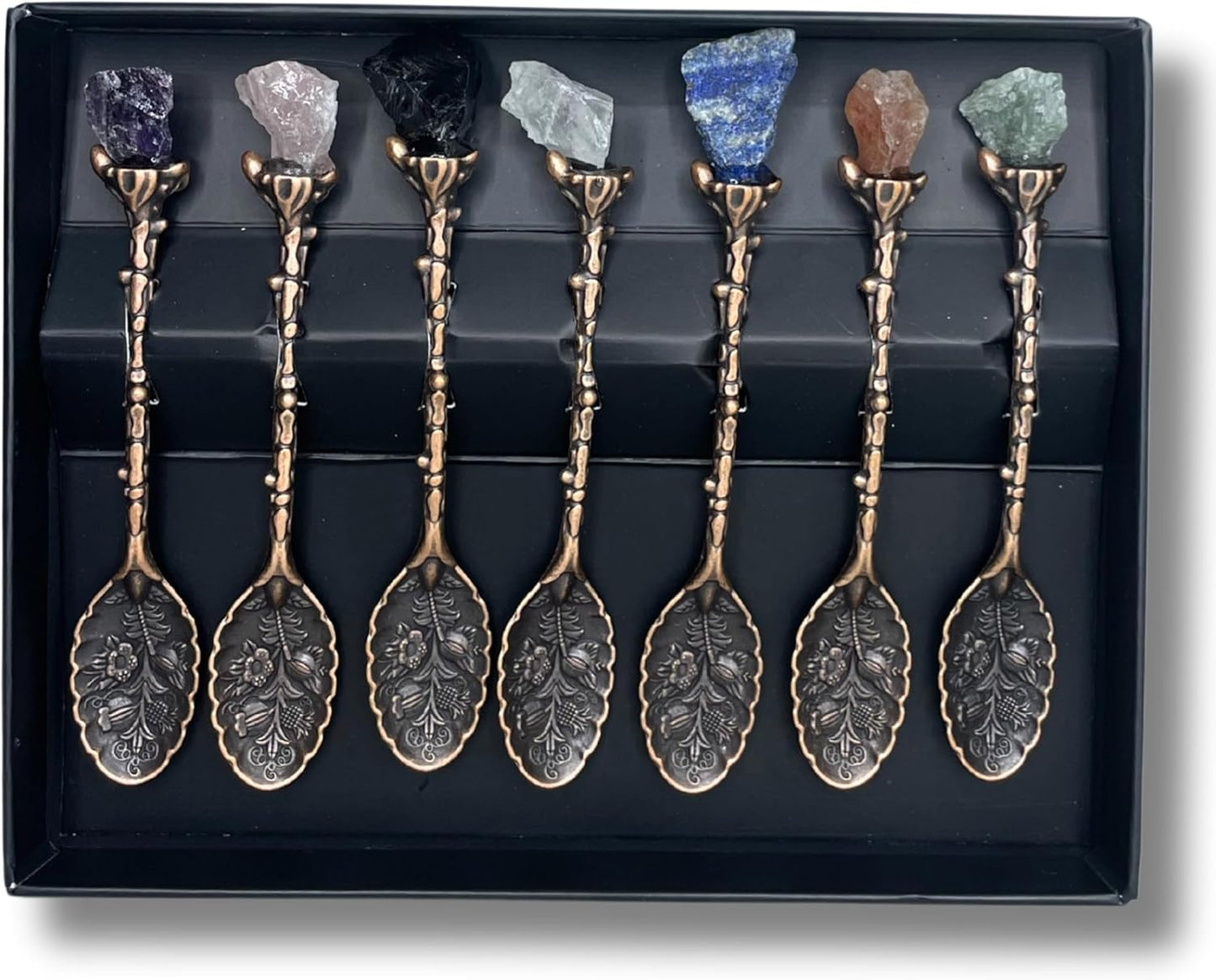 Gemstone Spoon Set 7 Piece Crystal Spoons Raw Gemstones with Embossed Handles in Bronze