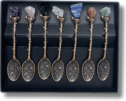Gemstone Spoon Set 7 Piece Crystal Spoons Raw Gemstones with Embossed Handles in Bronze