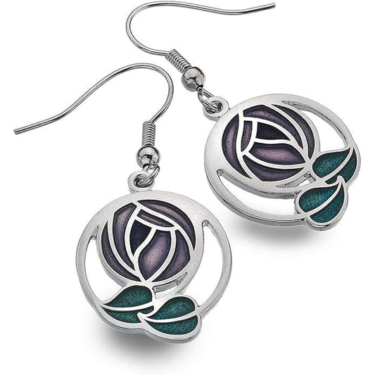 Rennie Mackintosh Inspired Rose and Leaf Hook Earrings Purple