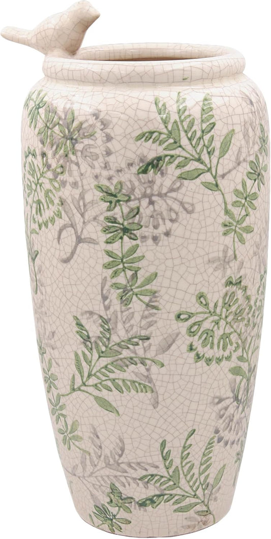 Song Bird Flower Vase Large Vintage Style Crackle Glaze Finish