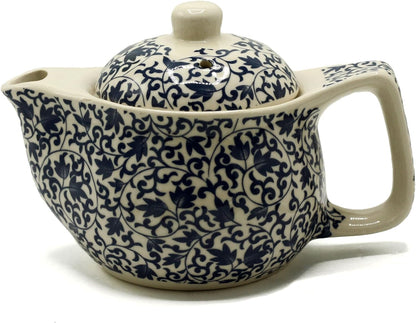 Small Herbal Teapot, Ceramic and Metal Strainer, Blue & White Pattern