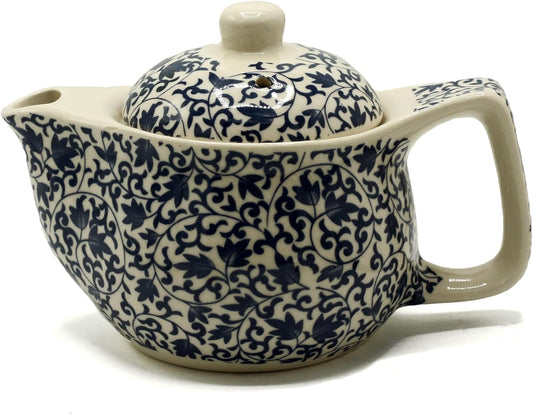 Small Herbal Teapot, Ceramic and Metal Strainer, Blue & White Pattern