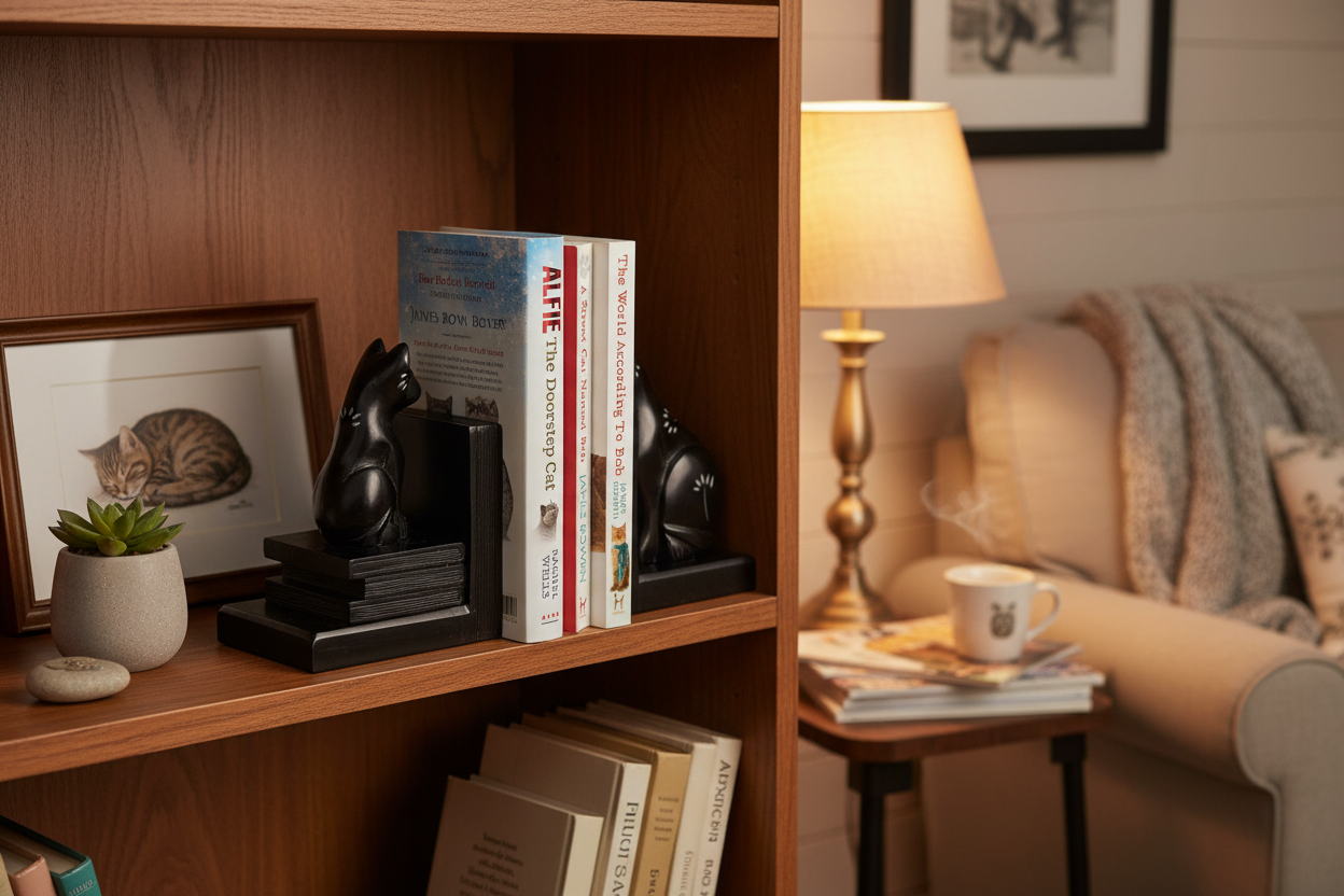 Cat-shaped bookends holding books on a white background