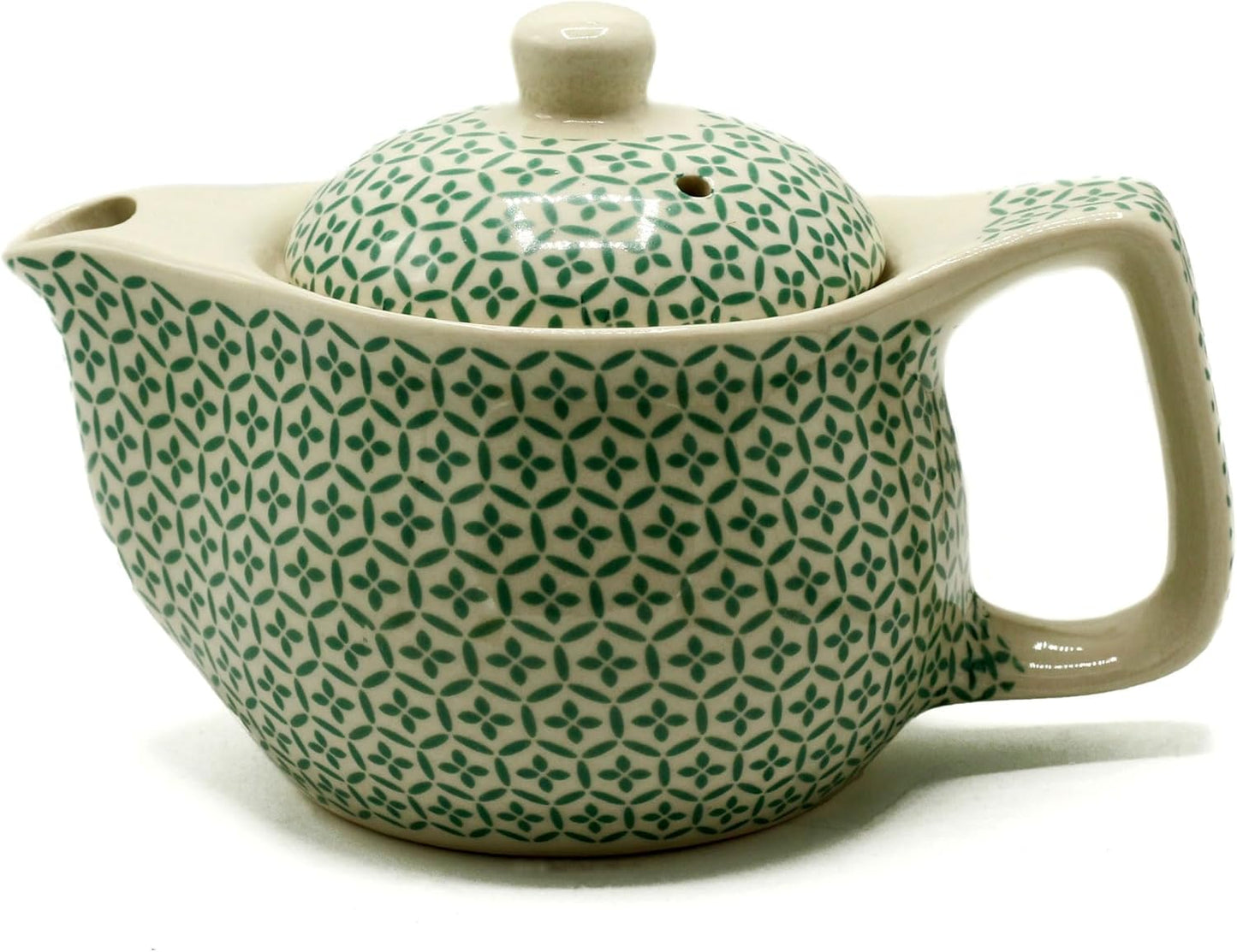 Small Herbal Teapot, Ceramic and Metal Strainer, Green Mosaic Pattern