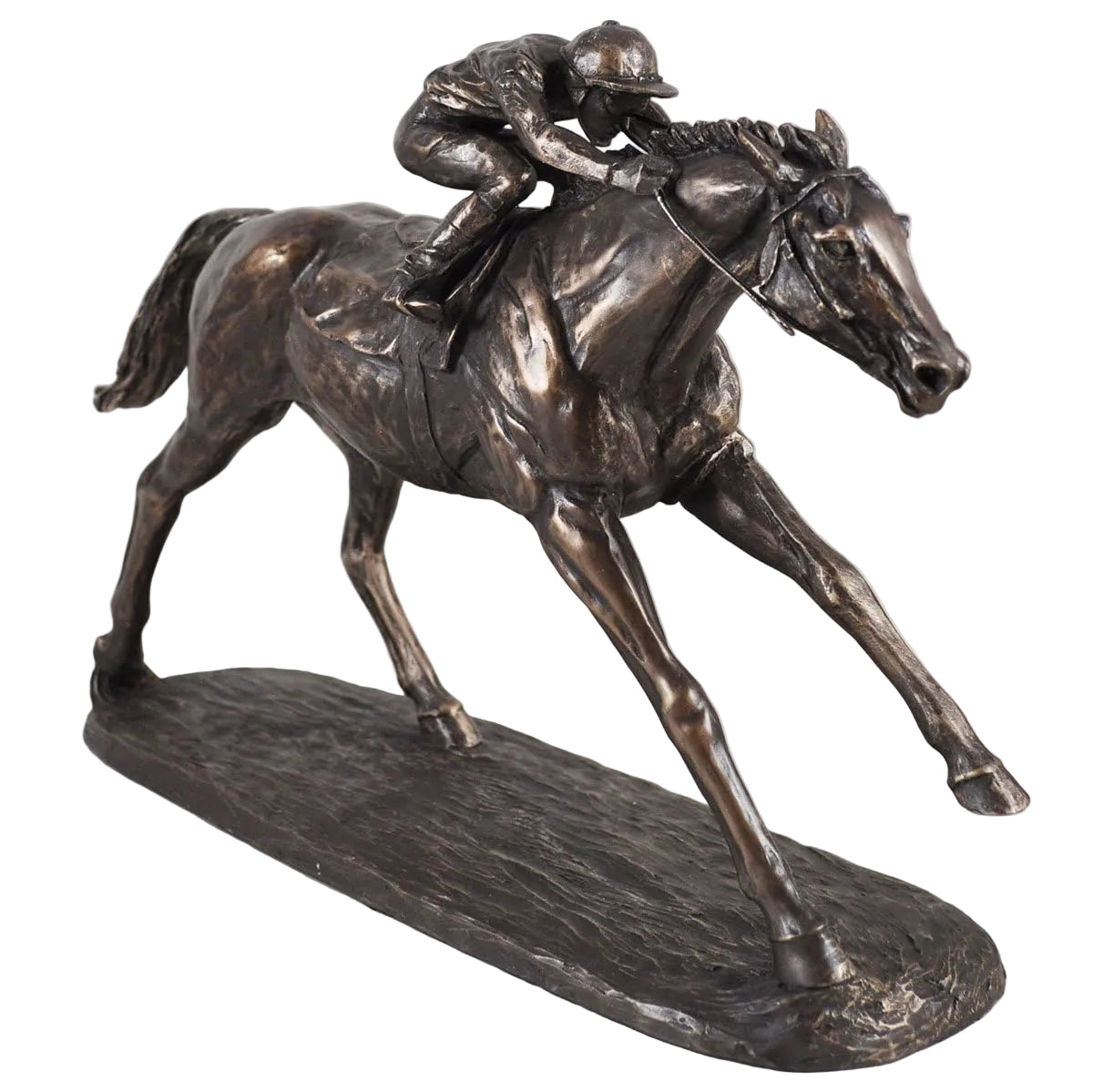 Bronze statue of a horse and jockey in motion on a white background