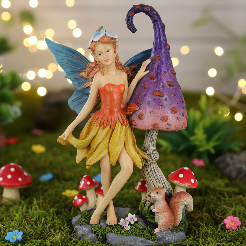 Gnome figurine with a colorful broom and fairy in a garden setting with lights in the background