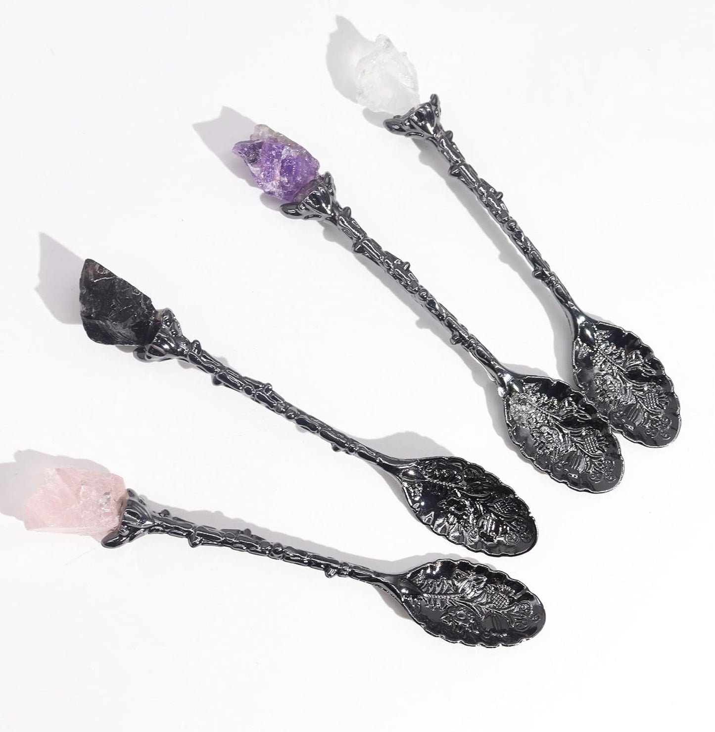 Gemstone Spoon Set 7 Piece Crystal Spoons Raw Gemstones with Embossed Handles in Dark Silver