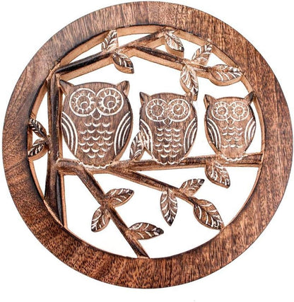 Mango Wood Carved Trivet Owls On Branch Fair Trade Product