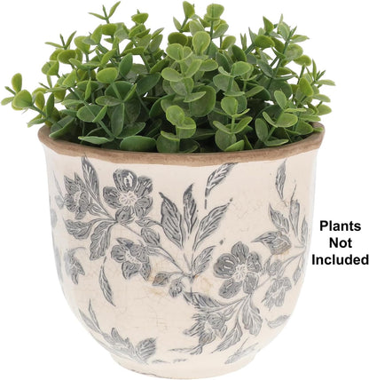 Floral Design Planter Pot Grey With Neutral Background