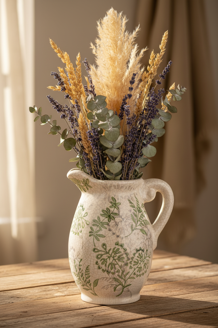 Song Bird Flower Jug Vintage Style Crackle Glaze Finish