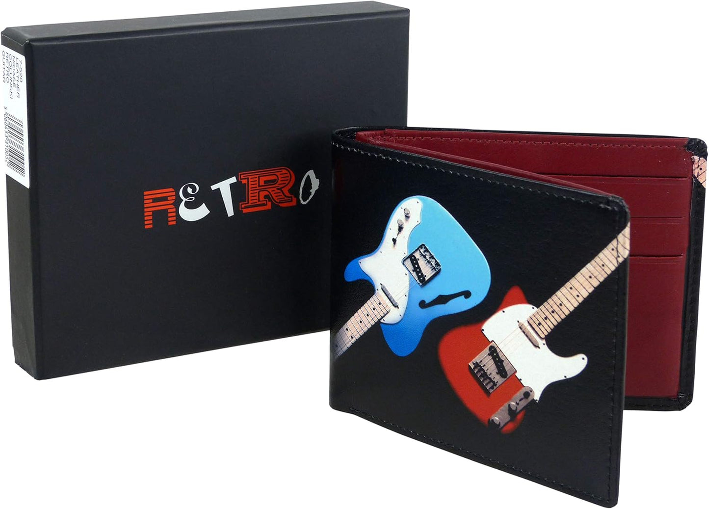 Black wallet with guitar design and 'Retro' packaging on a white background