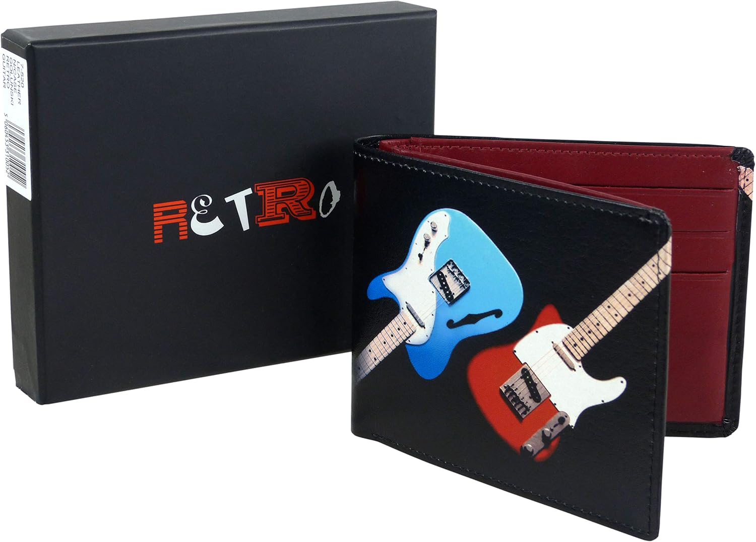 Black wallet with guitar design and 'Retro' packaging on a white background