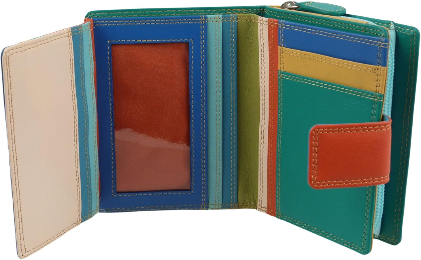 Leather Compact Purse Tab Closure In Pacific Colours