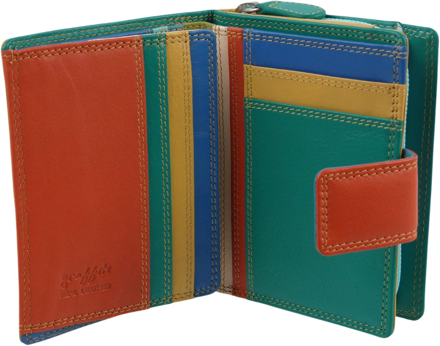 Leather Compact Purse Tab Closure In Pacific Colours