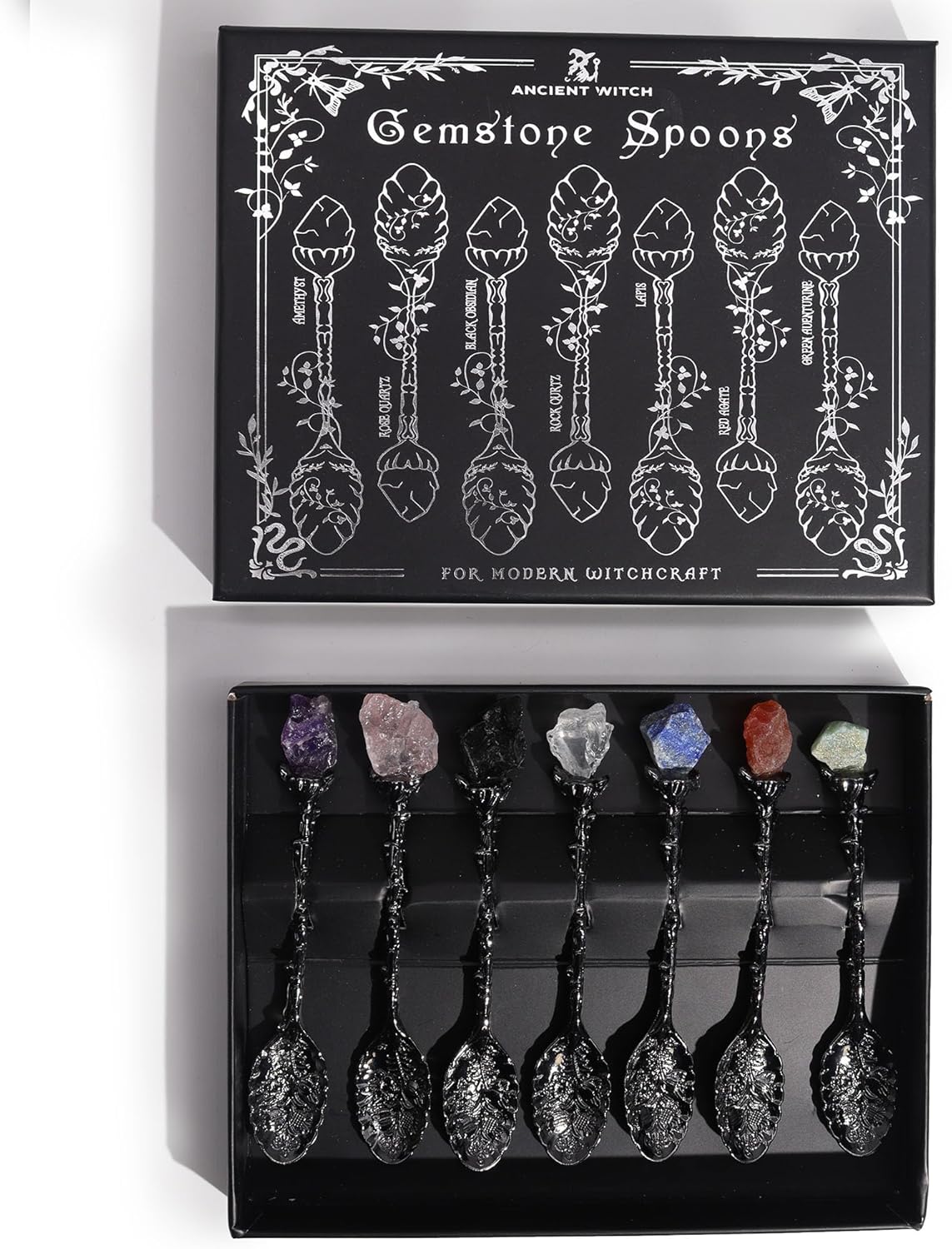 Gemstone Spoon Set 7 Piece Crystal Spoons Raw Gemstones with Embossed Handles in Dark Silver
