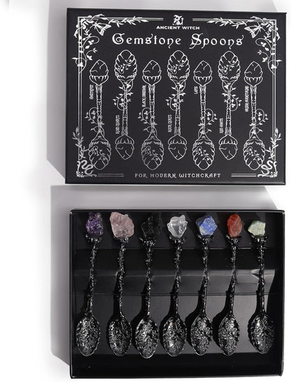 Gemstone Spoon Set 7 Piece Crystal Spoons Raw Gemstones with Embossed Handles in Dark Silver