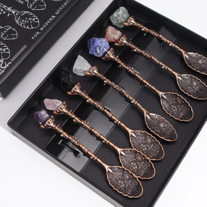 Gemstone Spoon Set 7 Piece Crystal Spoons Raw Gemstones with Embossed Handles in Bronze