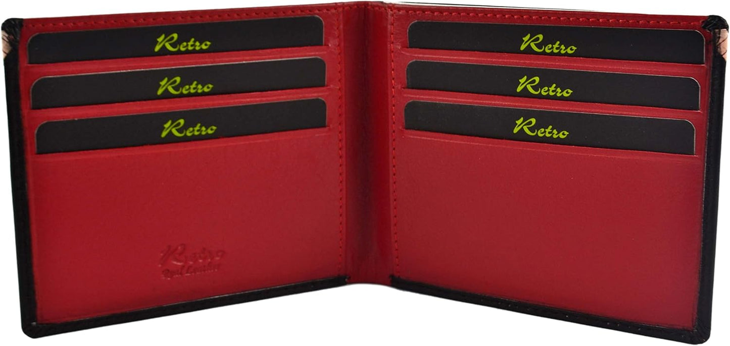 Red wallet with 'Retro' branding on black labels