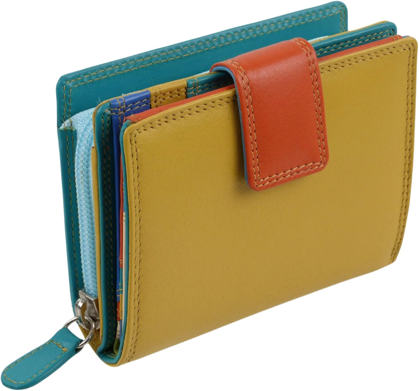 Leather Compact Purse Tab Closure In Pacific Colours