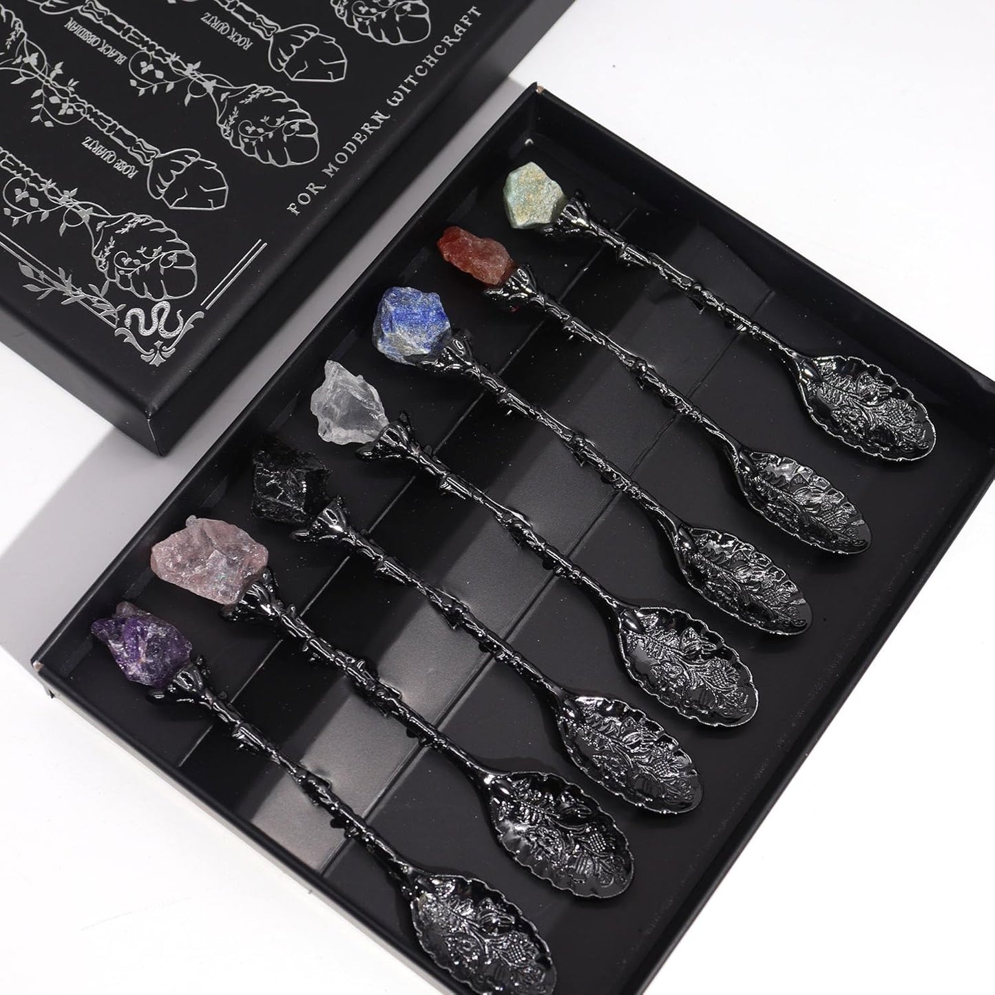 Gemstone Spoon Set 7 Piece Crystal Spoons Raw Gemstones with Embossed Handles in Dark Silver