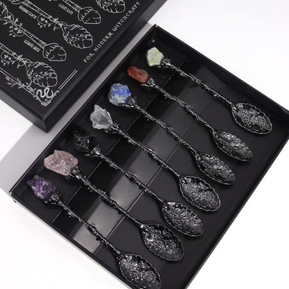 Gemstone Spoon Set 7 Piece Crystal Spoons Raw Gemstones with Embossed Handles in Dark Silver