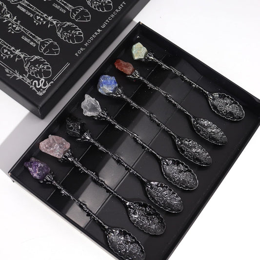 Gemstone Spoon Set 7 Piece Crystal Spoons Raw Gemstones with Embossed Handles in Dark Silver