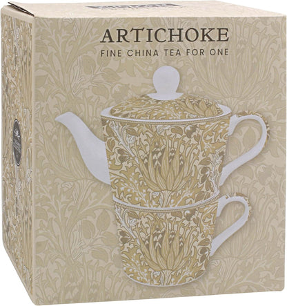Box of Artichoke fine china tea for one with a decorative teapot design.