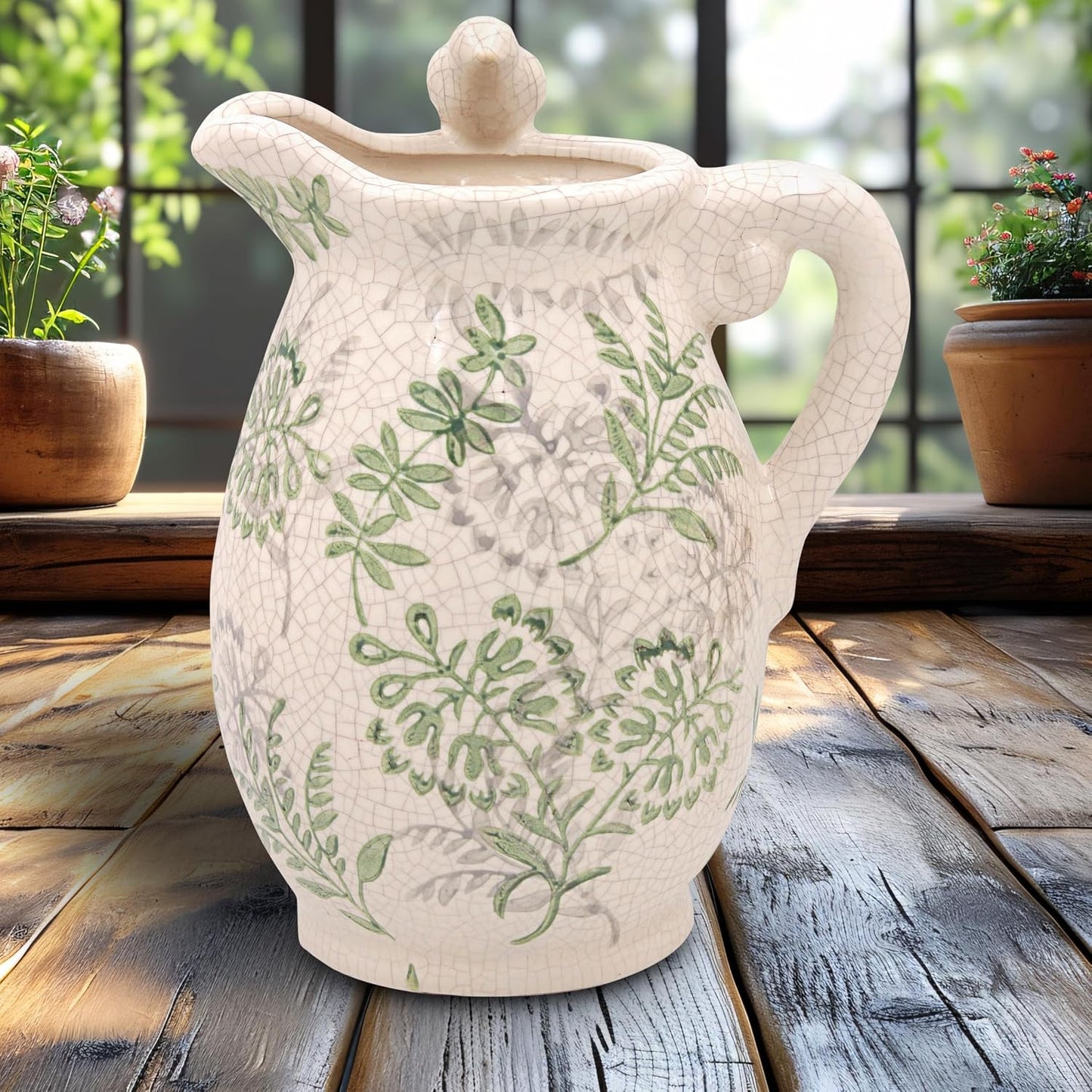 Song Bird Flower Jug Vintage Style Crackle Glaze Finish