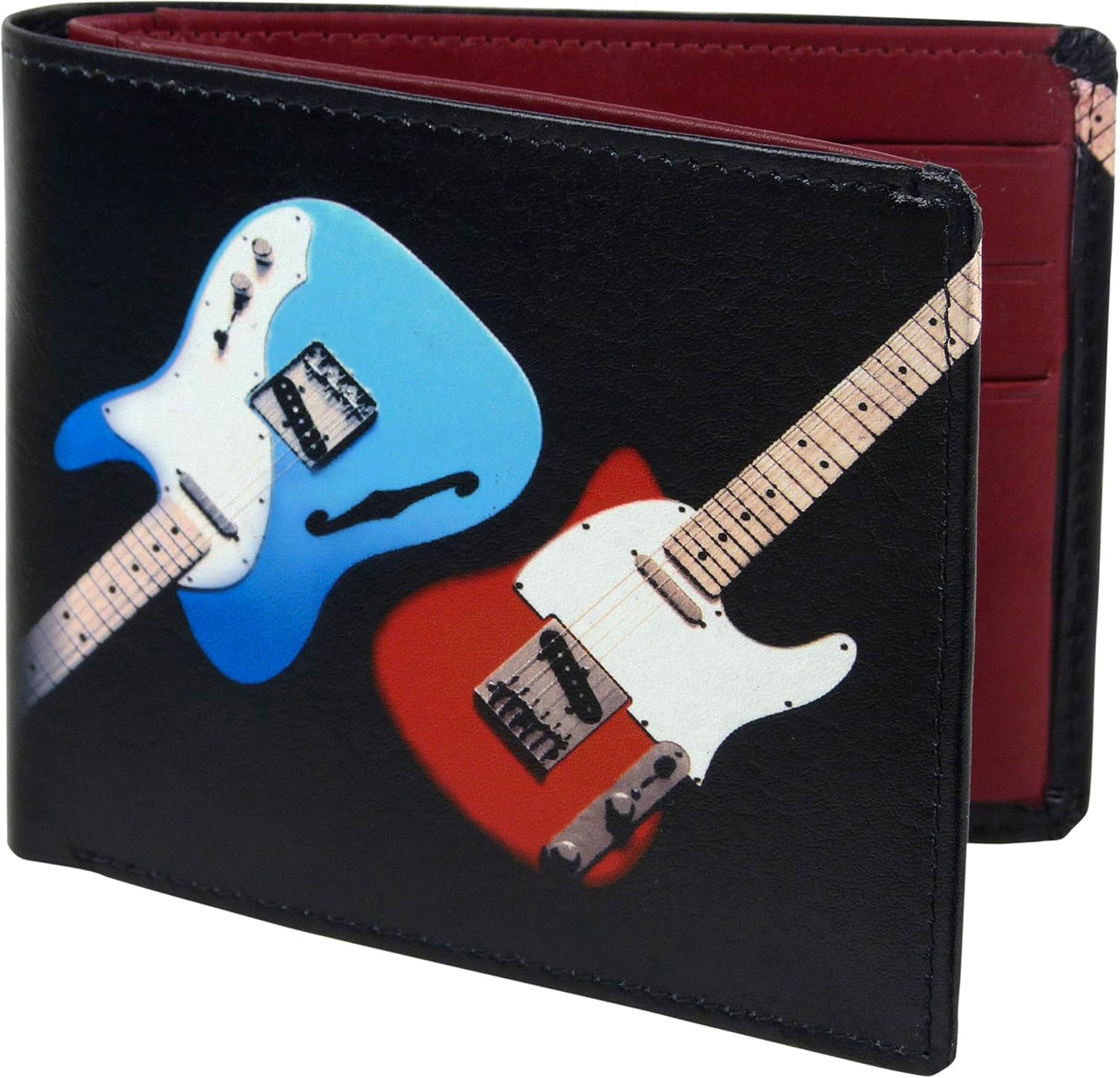 Black wallet with blue and red electric guitars on a white background
